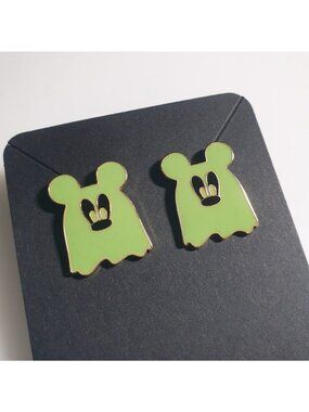 Disney Mickey Mouse Glowing Ghost Stud Earrings Bauble Bar Halloween Green Gold